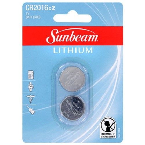SUNBEAM CR2016 BUTTON CELL LITHIUM BATTERIES 2 COUNT PACK Expiration 11/2020