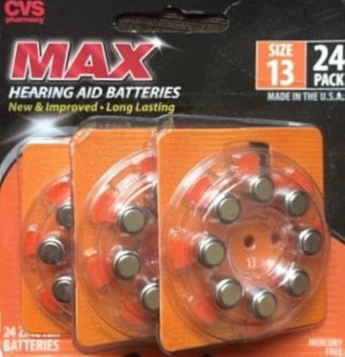 New*CVS MAX Hearing Aid Batteries 1.45v(Size 13) 24 Pack expires 06/2019 Lot#C34