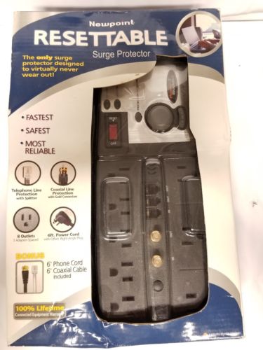 Newpoint Resettable Surge Protector 8 Outlet Telephone Line Coaxial Line 6' Cord