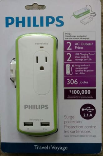 Phillips Travel Surge Protector~2 AC Outlets, 2 USB Charging Ports, New