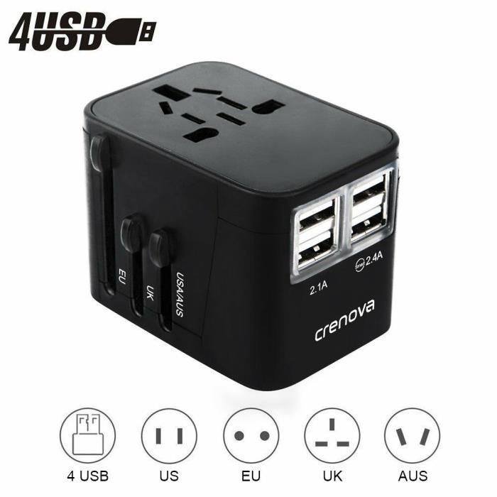 Crenova Travel Adapter with 4 USB Ports 100V-240V Voltage 1 AC Outlet for US, AU