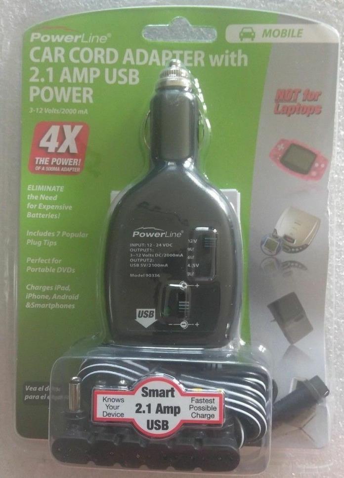 PowerLine Car Cord Adapter with 2.1AMP USB Power Charger