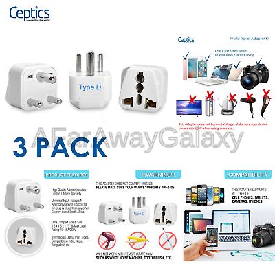 Ceptics India Travel Plug Adapter (Type D) for Pakistan, Nepal, Bangladesh - ...
