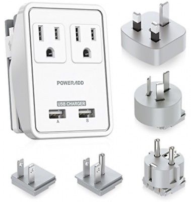 Poweradd Travel Power Adapter Kits - Dual 2.4A USB Ports + 2 Outlets Wall with