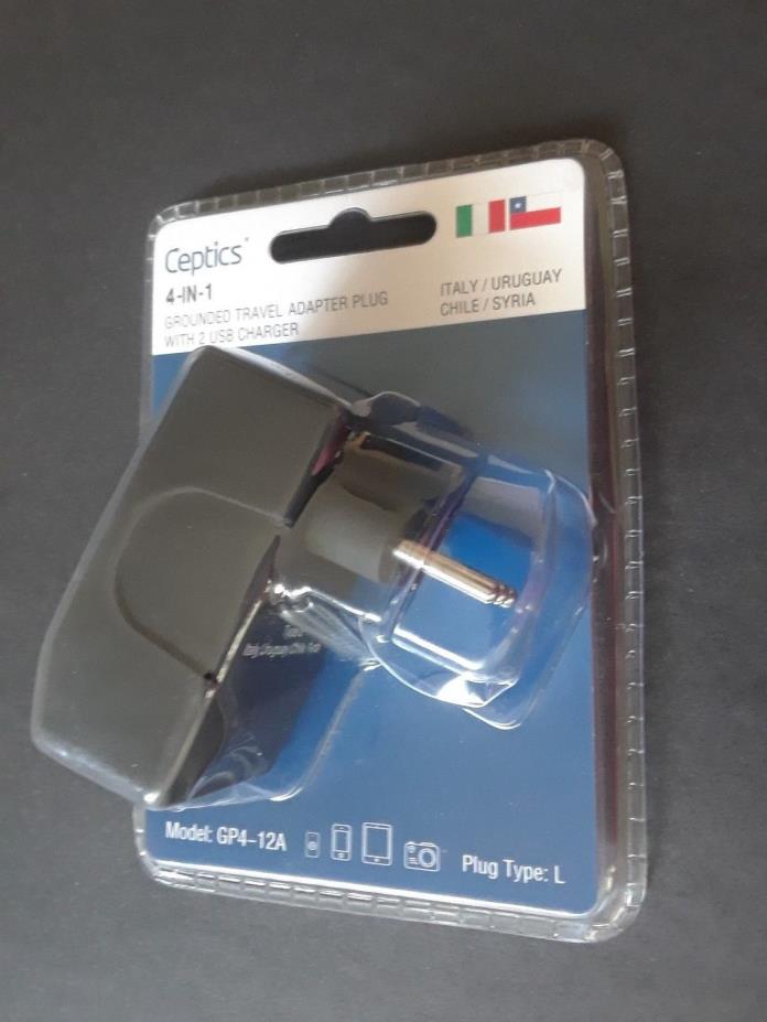 Ceptics 4 in 1 Grounded Travel Adapter Plug 2 USB Charger Italy Uraguay Chile