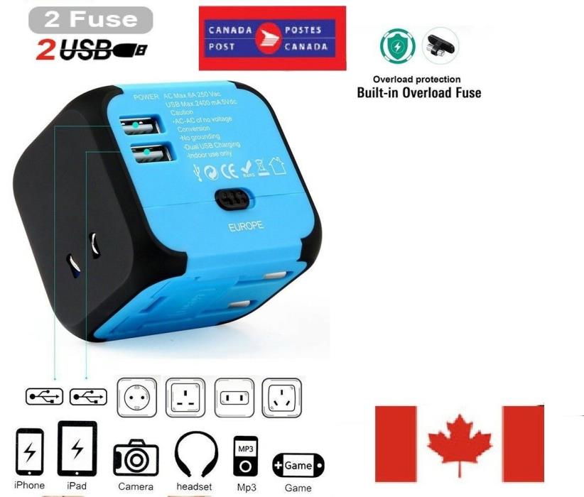 For Worldwide Universal Travel Power AC Adapter Dual 2 USB Plugs CANADA STOCK