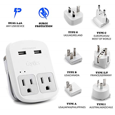 World Travel Adapter Kit by Ceptics - Dual USB + 2 US Outlets, Surge Protection,