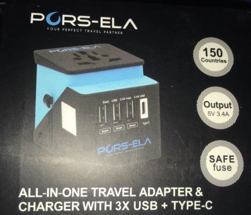 PORS-ELA International All-In-One Travel Adapter & Charger With Dual USB New