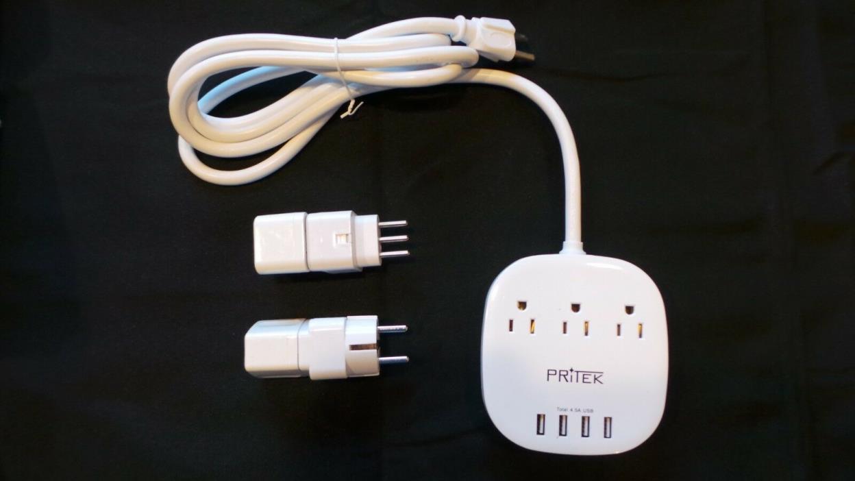 International Travel Power Strip, PRITEK Portable 3 Outlet with 4 USB+ ADAPTERS