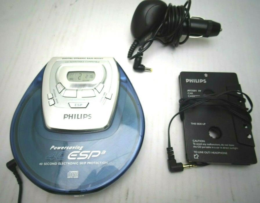 PHILIPS POWERSAVING 40 ESP3 PERSONAL CD PLAYER TESTED Working w/ Car Adapter