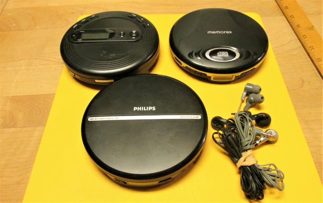 lot of 3 Nice Tested PORTABLE COMPACT CD PLAYERs Memorex Onn Philips w/ ear buds