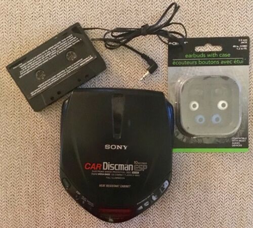 Sony Car Discman CD Player With Replacement Tape Adapter New Ear Buds Tested