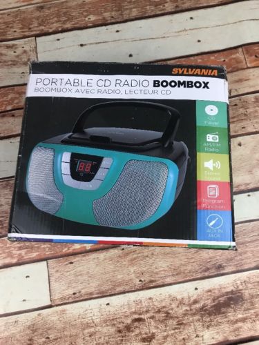 Sylvania Portable CD Player Boom Box with AM/FM Radio Teal Blue iPhone Ipod Jack