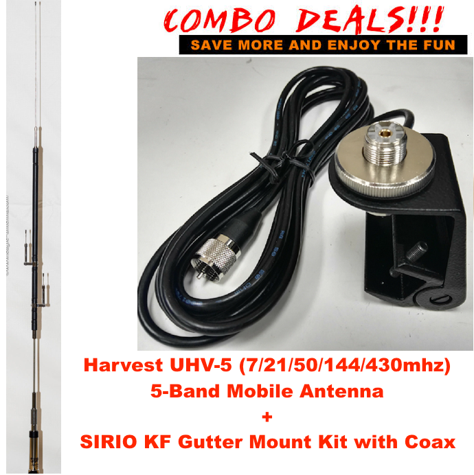 Harvest UHV-5 HF/VHF/UHF (7/21/50/144/430M) 5-band Antenna  w/ Sirio Gutter Kit