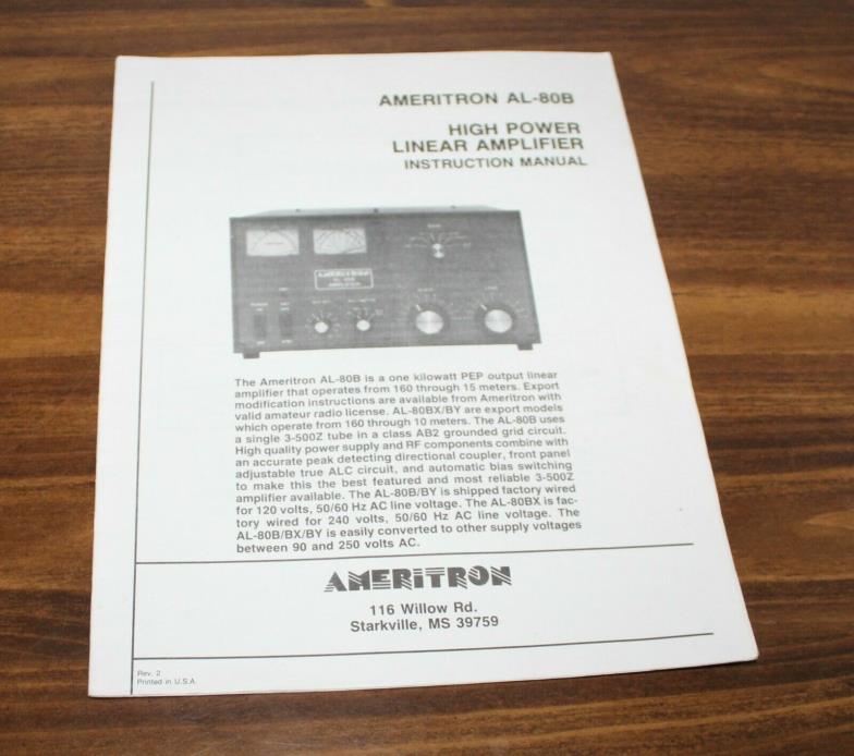 Original Ameritron AL-80B Linear Amplifier Instruction Manual