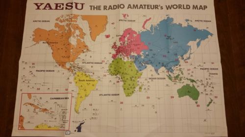 VINTAGE YAESU THE RADIO AMATEUR'S  WORLD MAP HAM WITH TIME ZONE CHART