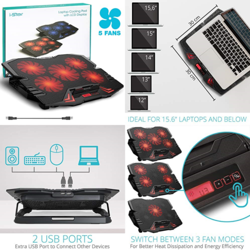 Laptop Cooling Pad I Star USB Gaming Cooler Stand Up To 15.6” 5 Fan 2500RPM RED