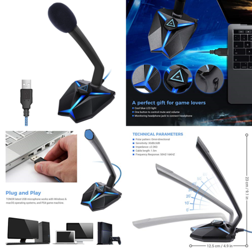 USB Microphone PC Gaming Mic W LED Indicator & Mute Button Compatible Windows/Ma