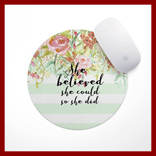 She Believed Could So Did Mint Stripe Mouse Pad Neoprene Inspirational Quote Mou