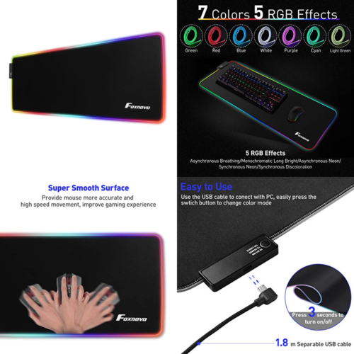 RGB Gaming Mouse Pad 4.5MM Slip Resistant Rubber Base Computer Keyboard Mat W 7