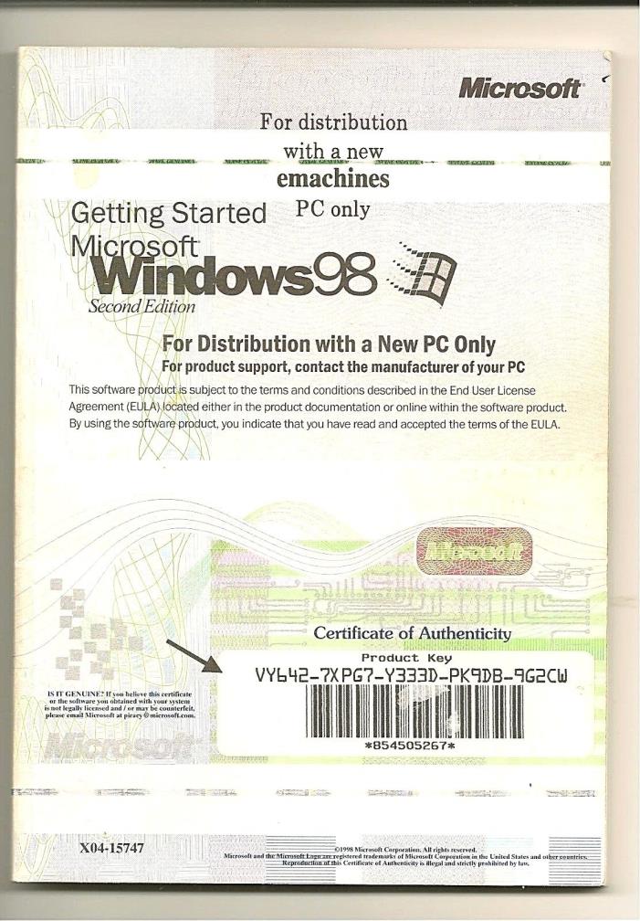 vtg Microsoft WINDOWS 98 emachines book PC only Getting Started w/product key