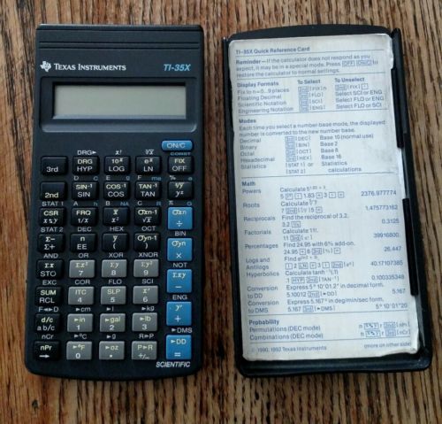 Texas Instruments TI-35X Pocket Calculator Reference Card Cover Works