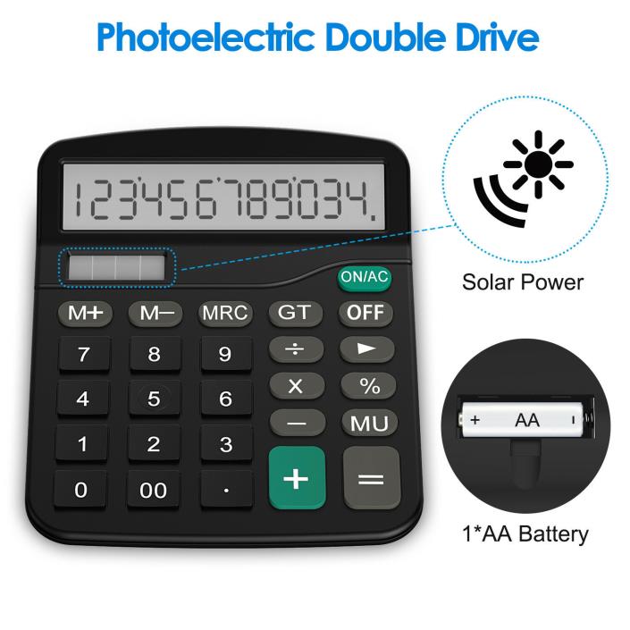 12-Digit Display Black Solar Battery Basic Desk Calculator Dual Power Desktop