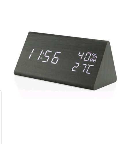 Wooden Alarm Clock LED Digital Time Temperature Humidity Display Voice Control.