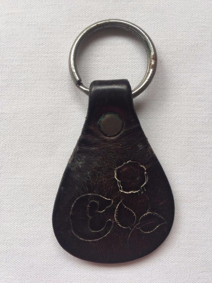 Vintage Leather Hand Tooled Key Chain Metal Ring Etched with a Rose and 