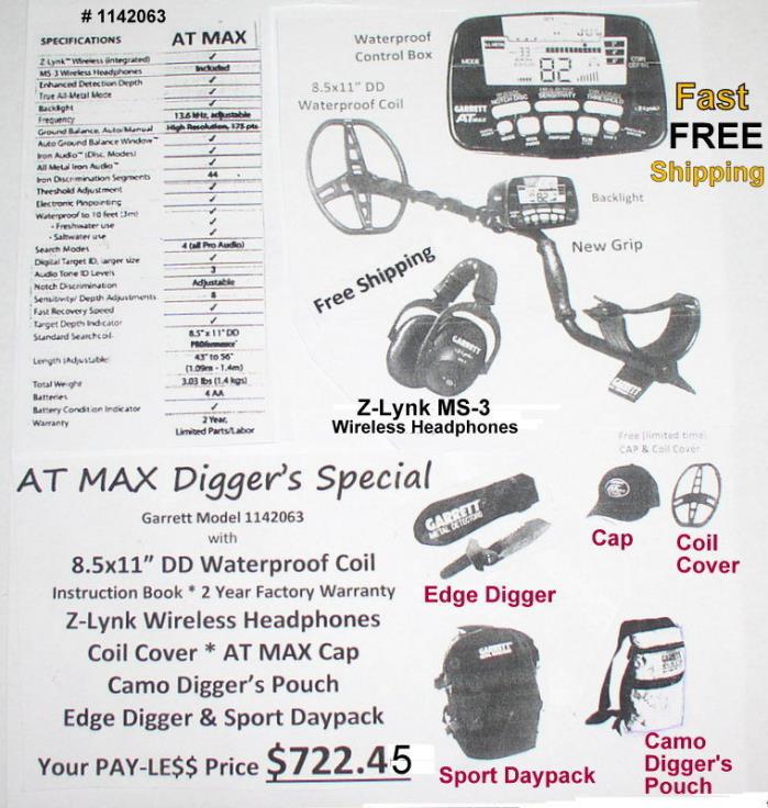 NEW Garrett 2018 AT MAX Digger's Special Metal Detector * Bonus Items