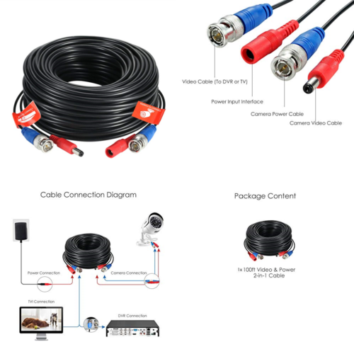 1 Pack 100Ft 30 Meters 2 In Video Power Cable BNC Extension Surveillance Camera