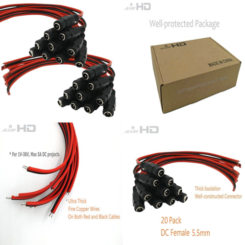 20 Pack Female Power Pigtail DC 5.5Mm X 2.1Mm Connectors Upgraded AWG For CCTV S