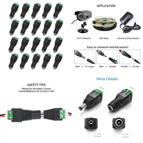 10 Pair Male Power Jack Plug Adapter + DC Female CCTV Connector 5.5M Male+Female