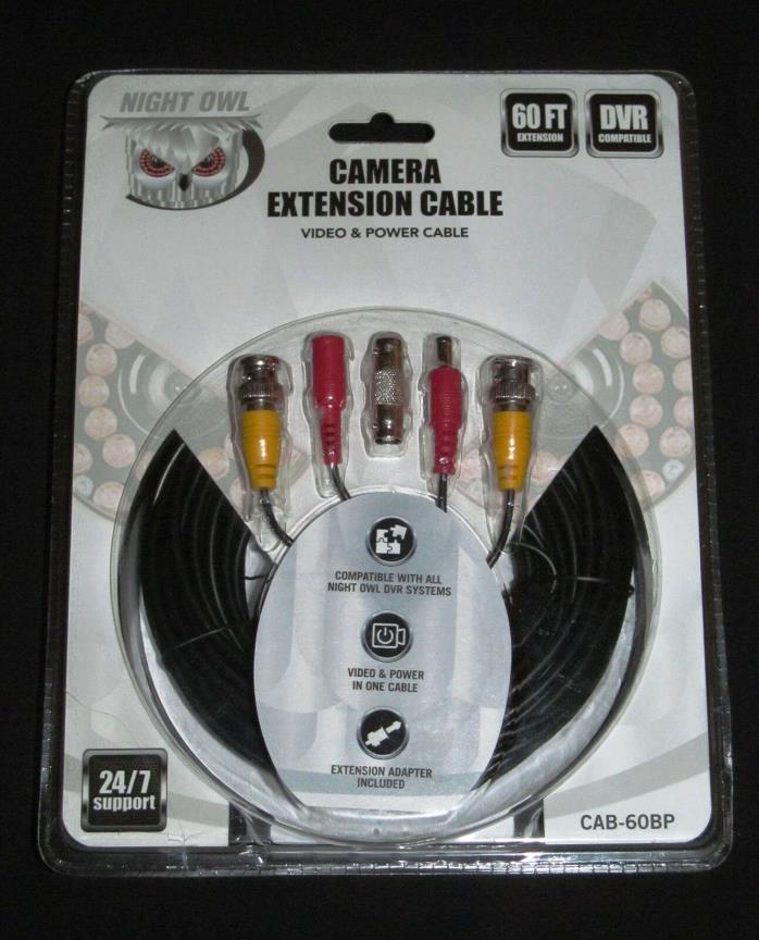 New Sealed, Night Owl Security 60ft. BNC Video/Power Extension Cable+BNC Adapter