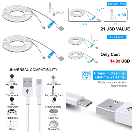 2 Pack 16.4FT Power Extension Cable For Wyze Cam Pan/Wyzecam/Kasa Cam/YI Dome Ho