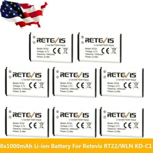 8x RT22's Original Li-ion Battery 3.7V 1000mAh for Retevis RT22/WLN KD-C1 Radios
