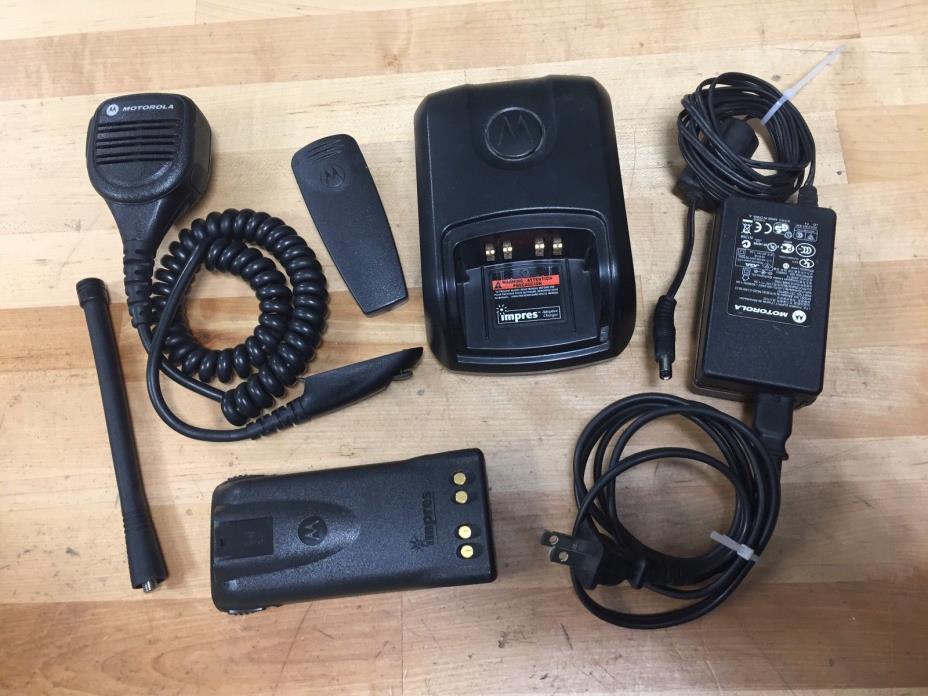 Motorola HT1250 IMPRES Conditioning Charger, Battery, Hand Mic, Antenna, Clip