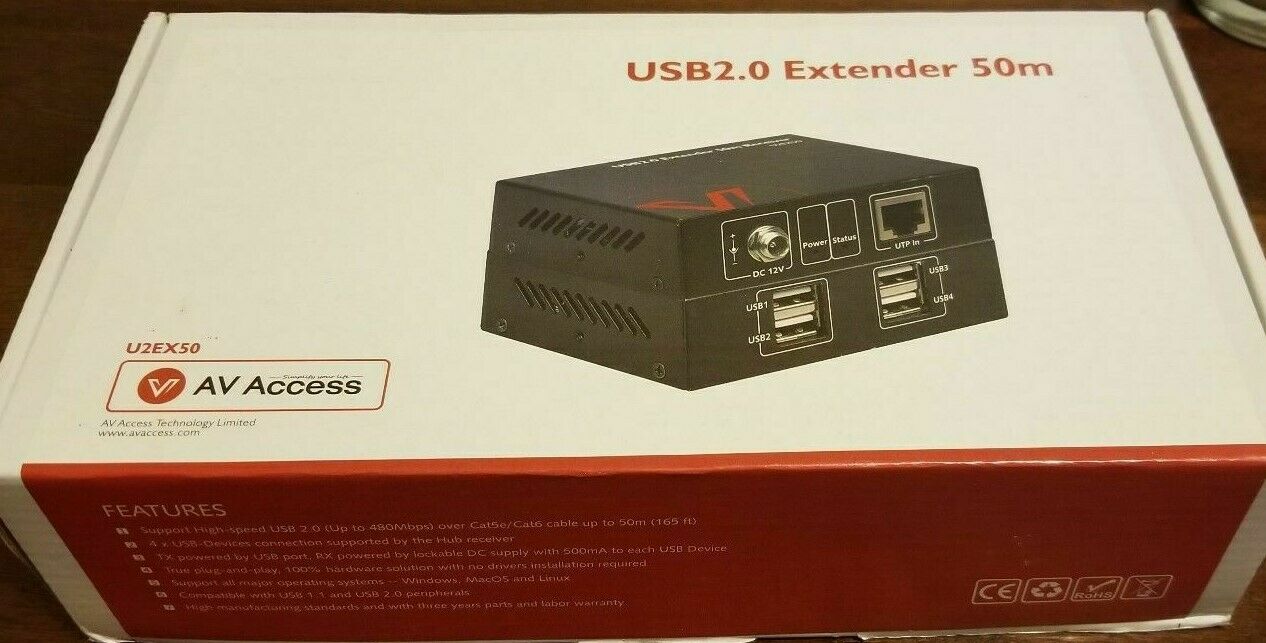 AV Access U2EX50 USB 2.0 Extender 50M- Cat5e/6,4 USB2.0 Ports,Plug & Play+More