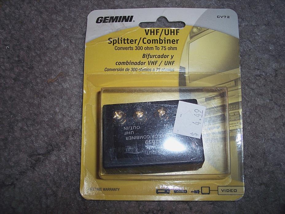 Gemini VHF / UHF Splitter CV 72 Combiner Converts 300 ohm to 75 ohm TV Video