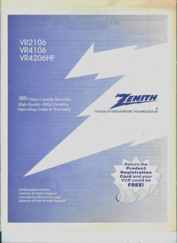1996 ZENITH VR2106 - VR4106 - VR4206HF  OPERATING GUIDE EXCELLENT CONDITION