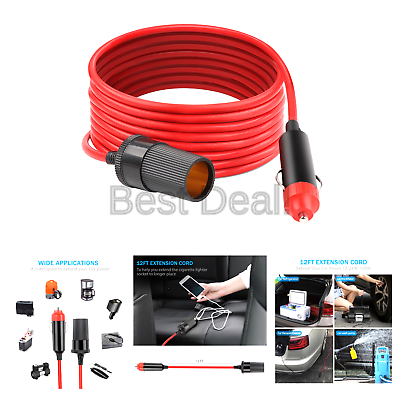 12V Car Cigarette Lighter Extension Cord, 12 Ft Heavy Duty Cable With DC Powe...