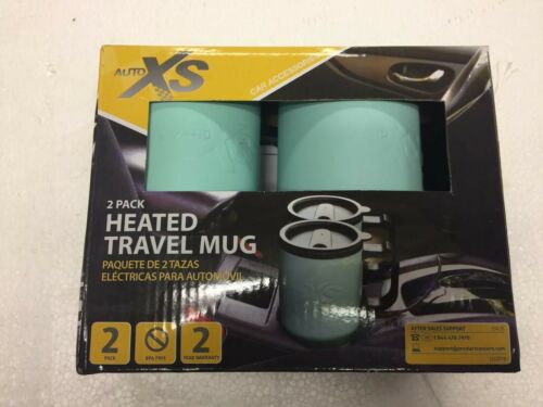 Auto XS 12V 2-Pack 16Oz. Electric Heated Travel Mugs Stainless Steel Blue