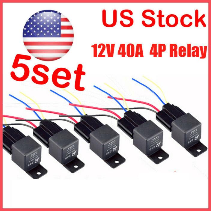 5Pack 12V 30A Fuse Relay Switch Harness Set SPST 4Pin 14 AWG Hot Wires US Stock