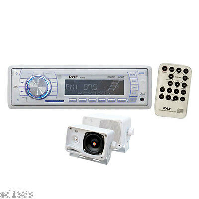 Car Boat AM/FM Audio Receiver w SD MMC USB+ (2) White 200W 3-Way Marine Speakers