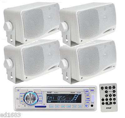 Car Boat AM/FM Audio Receiver MP3 SD MMC USB (4) White 200W 3Way Marine Speakers