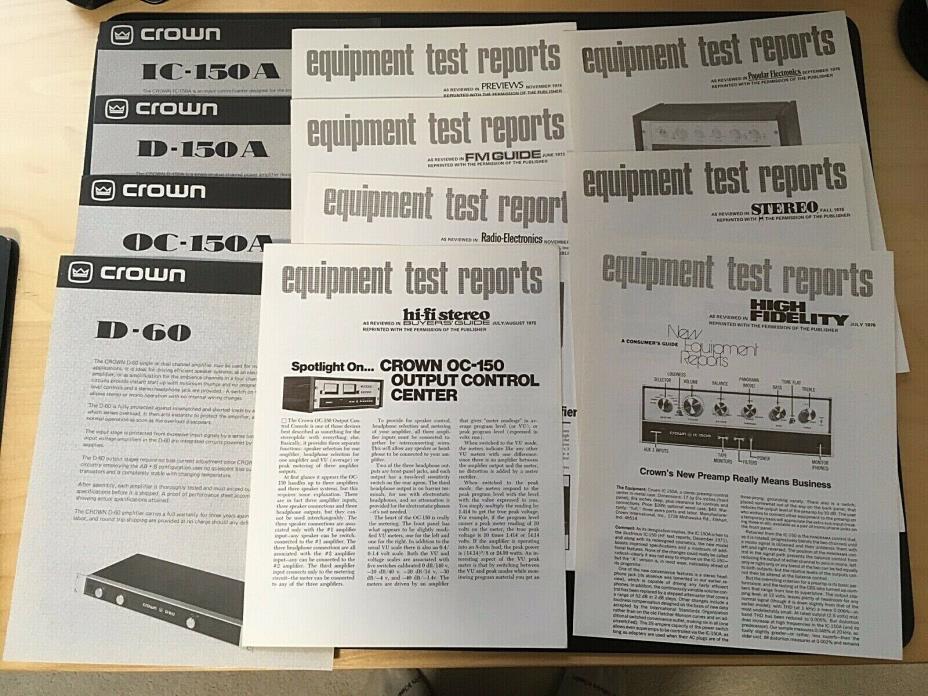 Crown Brochures & Test Report Sheets Models D-60, D-150A, IC-150A, OC-150A