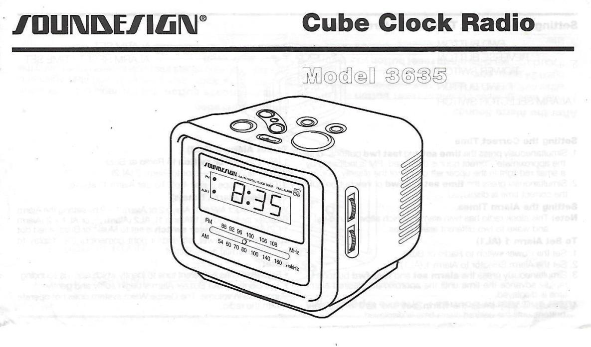 Soundesign Alarm Clock Radio Cube Model No 3635 Installation & Maintenance Guide
