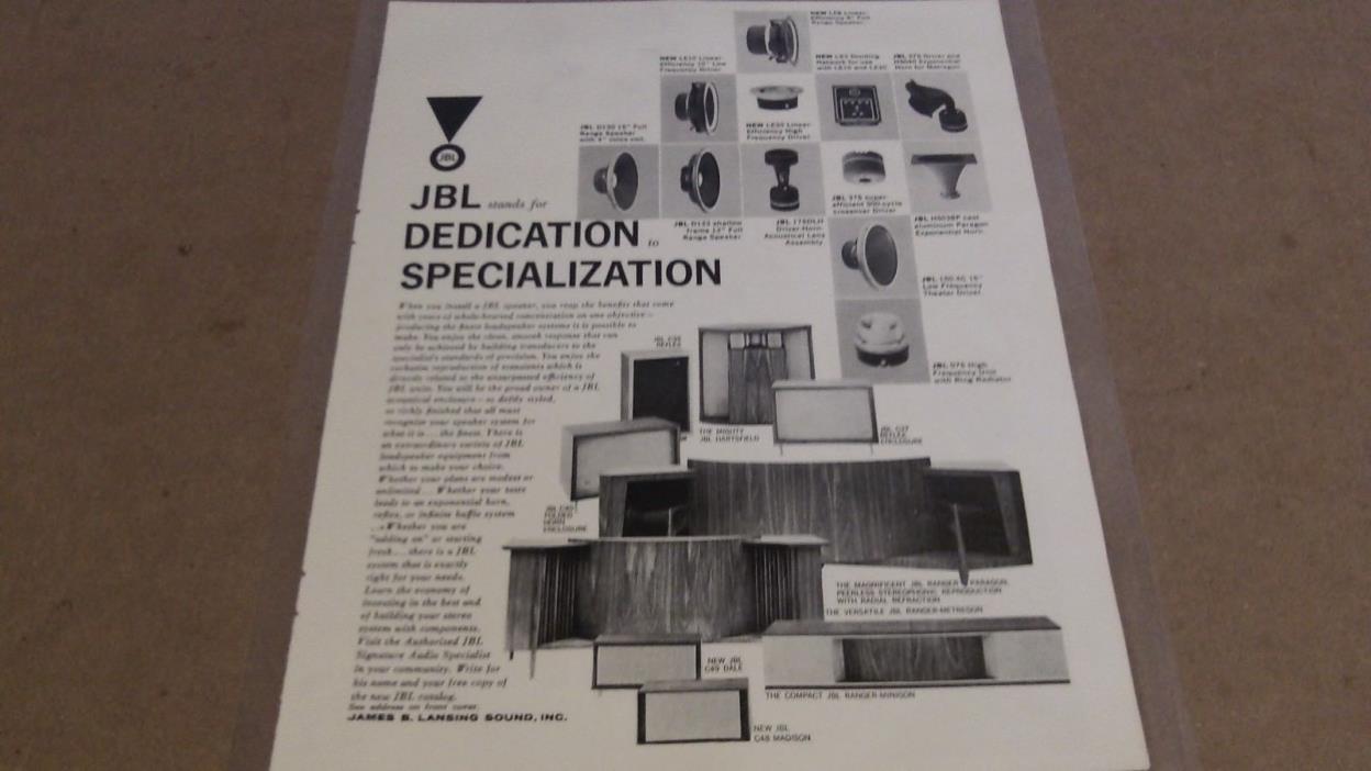 JBL Stands for dedication to Specialization 1960's Ad - Laminated