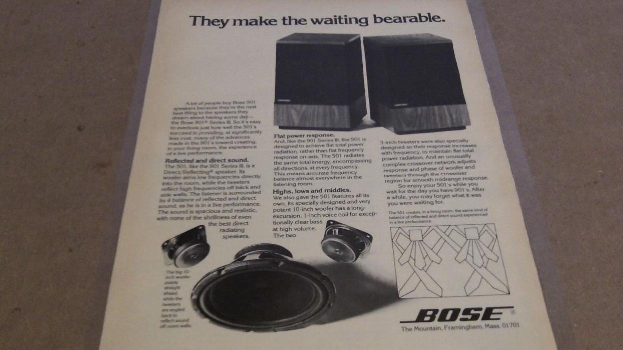 BOSE 501 & 601 Speakers 1970's ad - Laminated for Preservation