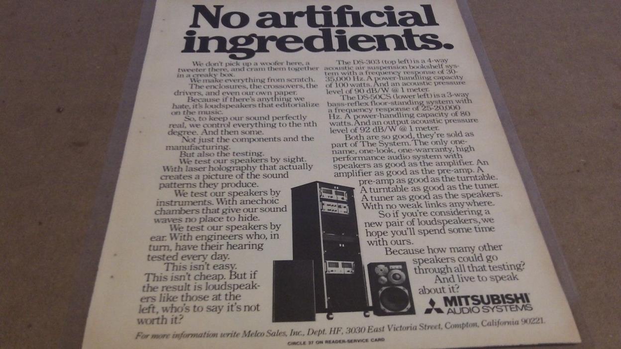 Mitsubishi Audio Systems 1970's ad - Laminated for Preservation